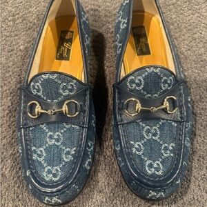 Gucci Blue Denim GG Canvas Horsebit Loafers